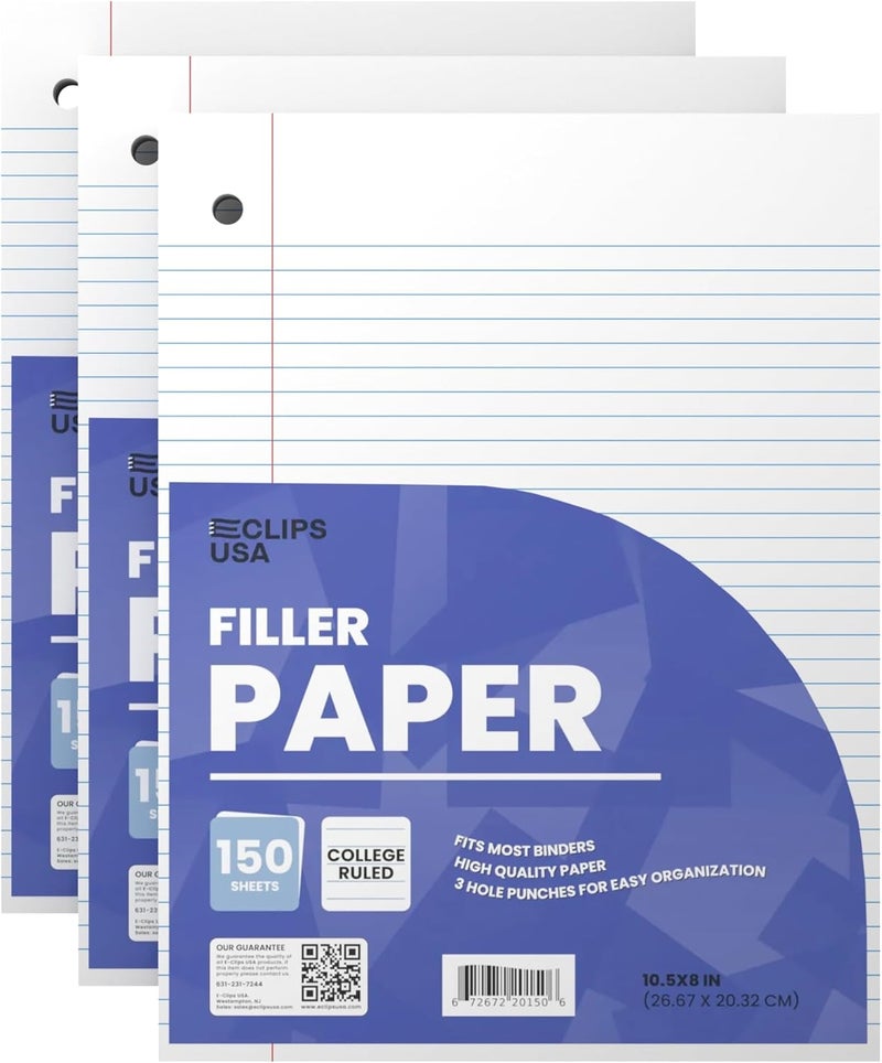 VEEBOOST Graph Paper Loose Leaf Paper College Ruled Notebook Paper College Ruled Lined Writing Filler Paper 10.5” x 8” 450 Sheets 150 Sheets Per Pack 60 gsm (3 Pack) - Image 1